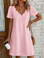  Women's Knee Length Dress White Dress Summer Dress Eyelet Dress Elegant Fashion Modern Beach Vacation Holiday Regular Fit Plain Short Sleeve V Neck Blue White Yellow Pink Summer Spring