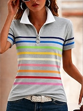 economico T-shirt a righe e geometrico-Per donna Maglietta Cerniera Zip a un quarto A strisce Grafico Blocco di colori A righe Vintage Tropicale Hawaiano Manica Corta Collo Alto Top Regolari Matrimonio in Spiaggia Casuale Quotidiano Blu