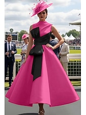 ieftine Rochii de seară cu talie empire-Haine Bal Lungime Gleznă Rochii de bal Rochii de seara Rochie De Bal Rochie formală Elegant 1950 Bloc de Culoare Fără manșon Gât Înalt Bal Invitat la nunta Satin cu Arc