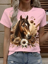 voordelige Dieren thee-Women's T Shirt Print Graphic Animal Horse Stylish Classic Casual Short Sleeve Crew Neck Round Neck Regular Tops Daily White Yellow Pink Summer Spring