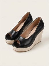 abordables Escarpins Peep Toe-Sandales compensées noires à bout ouvert pour femmes - espadrilles d'été à talons hauts et semelle tressée, idéales pour les croisières, les excursions à terre et les dîners élégants.