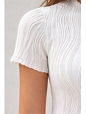 baratos Camiseta lisa-Mulheres Camiseta Textura T-shirt Jacquard Frufru Côr Sólida Elegante Moda à moda Manga Curta Gola Redonda Tops regulares Diário Para Noite Final de semana Preto Branco Vinho Verde Verão Primavera