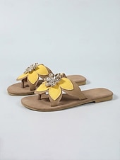 cheap Slide Sandals-Women's Yellow Floral Slide Sandals – Open Toe Lightweight Summer Slippers, Casual Comfort Flats with Flower Detail for Vacation, Beach, Garden &amp; Daily Wear