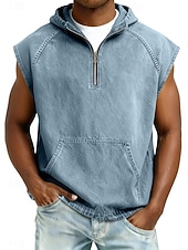 economico Canotte da palestra-SoftFade™ Canotta da uomo top in denim camicia lavaggio acido maglietta senza maniche cappuccio zip estate primavera semplice base tinto in capo casual vacanza strada nero verde chiaro khaki top