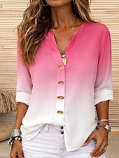 preiswerte Kunst &amp; Design Blusen-Damen Hemd Tunika Sommeroberteile Knöpfe Ombre Grafik Urlaub Vintage Täglich Langarm V Ausschnitt Normale Oberteile Täglich Ferien Ausgehen Schwarz Rosa Grün Sommer Frühling