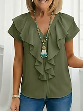Χαμηλού Κόστους Επίσημες Μπλούζες-Γυναικεία Πουκάμισο Μπλούζα Με Βολάν Σκέτο Ενεργό Στυλάτο Αμάνικο Λαιμόκοψη V Κανονικά μπλουζάκια Καθημερινά ΕΞΩΤΕΡΙΚΟΥ ΧΩΡΟΥ Αργίες Μαύρο Λευκό Κρασί Σκούρο πράσινο Σκούρο μπλε Καλοκαίρι Άνοιξη