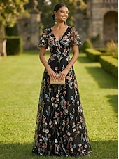  Linea ad A Abito Lunghezza al pavimento Vestito maxi Vestito da Festa Abito da Cocktail Abito da cerimonia per signora Manica Corta Scollo a V Elegante Vintage Lussuoso Formale Ospite di nozze Derby
