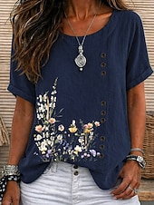 baratos Camiseta floral-Women's Blouse Buttons Floral Graphic Elegant Vintage Daily Short Sleeve Crew Neck Regular Tops Casual Daily Holiday Blue Grass Green White Yellow Pink Summer Spring