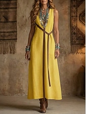 abordables Vestidos-Mujer Vestido maxi Vestidos con tacto de lino Vestido bohemio Vestido de Columpio Elegante Moda Moderno Exterior Festivos Noche Ajuste regular Bloque de color Sin Mangas Collar mandarín Blanco