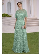 cheap Floor Length-A-Line Dress Floor Length Wedding Guest Dress Formal Dresses Evening Gown Mother of the Bride Dress Short Sleeve Crew Neck Elegant Simple Embellished Formal Lace with 3D Flowers