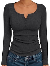 cheap Plain Blouses-Women's Blouse Buttons Solid Color Daily Stylish Casual Long Sleeve Crew Neck Regular Tops Daily Black White Wine Brown Dark Gray Spring Fall