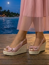 abordables Femmes-Sandales compensées roses pour femmes - espadrilles à plateforme avec nœud pour un dîner de vacances &amp;soirée sur la plage