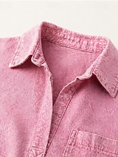 ieftine Rochie simplă-Rochie de damă până la genunchi, spălată, 90% bumbac, vintage, casual, mânecă scurtă, guler cămașă, albastru, negru, roz, vară, primăvară