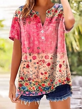 preiswerte Blumen-T-Shirt-Damen T Shirt Blumen Grafik Pflanzen Stilvoll Klassisch Kurzarm V Ausschnitt Normale Oberteile Lässig Täglich Blau Rosa Purpur Sommer Frühling