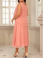 cheap Mom's Dress Sets-Two Piece A-Line Tea Length Wedding Guest Dress Mother of the Bride Dress 3/4 Length Sleeve Jewel Neck Elegant Vintage Wedding Party Chiffon with Beading