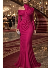 economico Abiti da Sera Sirena-Sirena Tromba Lunghezza al pavimento Abito da Sera Elegante Abito da sera stile impero Manica Lunga Collo Alto Festa serale Matrimonio Raso Elasticizzato con Pieghe Tinta unita