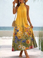  Per donna Abito maxi Vestito Estivo Abito a trapezio Vacanza Spiaggia Vestibilità comoda Floreale Grafico Senza Maniche All'americana Blu Giallo Rosa Estate Primavera