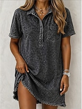 abordables Vestido Sencillo-Mujer Mini vestido Vestido vintage Vestido informal Vestido de imitación de mezclilla Moda Básico Diario Exterior Vacaciones Holgado Plano Manga Corta Cuello Camisero Azul Piscina Rosa Claro Negro