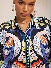preiswerte Blusen-Bluse aus seidigem Satin mit Vogel- und Blumenmuster und Dolmanärmeln