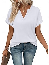 abordables T-shirt uni-Femmes T-shirt Uni Mode Élégant Classique Manche Courte Col en V Hauts Réguliers Quotidien Sortir Week-end Bleu Noir Blanche Rose Claire Rouge Été Printemps