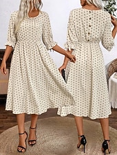 preiswerte Streifen- und geometrisches Kleid-Damen Midikleid A Linie Kleid Sommerkleid Urlaub Lässig Täglich Date Normale Passform Grafik Tupfen Halbarm Rundhalsausschnitt Beige Sommer Frühling