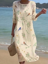 cheap Floral Dress-Women's Midi Dress Shift Dress Vacation Casual Beach Beach Regular Fit Floral Graphic 3/4 Length Sleeve Crew Neck White Yellow Pink Beige Summer Spring