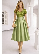 cheap Cocktail Dresses-A-Line Tea Length Cocktail Dresses Elegant Short Sleeve V Neck Garden Party Wedding Satin Sequined with Pleats Sequin
