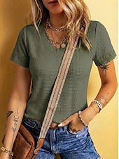 cheap Plain tee-Women's Waffle T-shirt Lace Splicing Top Tee Top Elegant Stylish Short Sleeve V Neck Regular Tops Casual Going out Vacation Wear Blue Black White Green Apricot Summer Spring