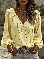 abordables Blusas a rayas y geométricas-Mujer Camisa Estampado Graphic Geométrico Bohemia Vacaciones Vintage Manga Larga Manga de la linterna Escote en Pico Tops regulares Casual Diario Festivos Azul Piscina Blanco Amarillo Rosa Verde