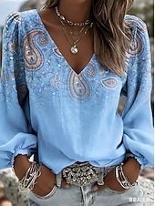 baratos Arte &amp; Design Blusas-Mulheres Camisa Social Gráfico Geométrica Estampado Cashemere Boêmia Férias Vintage Manga Longa Decote V Tops regulares Diário Feriado Para Noite Azul Branco Azul Marinha Castanho Claro Roxo Verão
