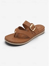 baratos Sandálias Confortáveis-Sandálias femininas marrons de dedo com fivela ajustável – chinelos confortáveis com amortecimento, rasteirinhas de verão respiráveis de bico aberto para praia, férias e viagens. &amp;uso diário