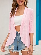 זול ז'קטים מזדמנים-בגדי ריקוד נשים ז'קט קז'ואל נוח נושם לגזור יום יומי אחיד חופשה רחוב לבוש יומיומי ליציאה חזית פתוחה רגיל ללא צווארון רגיל שרוול 4\3 הלבשה עליונה שחור לבן ורוד מסמיק אביב סתיו