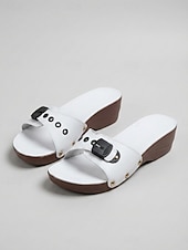 cheap Wedge Sandals-Women's White Buckle Wedge Slide Sandals – Comfortable Rivet Slides for Garden, Casual, Vacation and Everyday Wear