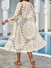 baratos Kaftans-Mulheres Roupa de Banho Cobertura roupa de banho Renda Férias Roupa de Praia Floral Manga Longa Fatos de banho