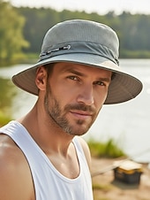 baratos Chapéus Masculinos-Chapéu bucket masculino respirável e leve em poliéster, várias cores, secagem rápida, ideal para férias na praia, pesca, caminhadas e uso casual no dia a dia.