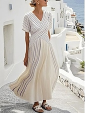preiswerte Streifen- und geometrische Kleider-Damen Maxikleid Gestreiftes Kleid Sommerkleid Basic Klassisch Täglich Strand Urlaub Normale Passform Gestreift Kurzarm V Ausschnitt Blau Schwarz Khaki Sommer Frühling
