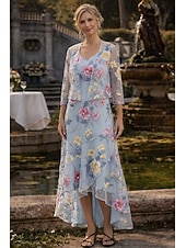 Недорогие Комплекты платьев для мам-Из двух частей А-силуэт Ниже колена Свадебное платье для гостей Платье для матери невесты Без рукавов Рукав 3/4 V-образный вырез Элегантный стиль Простой Официальные Дерби в Кентукки Полуформальный