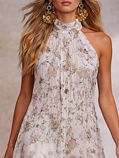 economico Abiti floreali-Per donna Abito Midi Vestito Estivo Abito a trapezio Vestito all'americana Abito a spalle scoperte Vacanza Festa Boho All'aperto Spiaggia Feste Floreale Grafico Senza Maniche All'americana Bianco