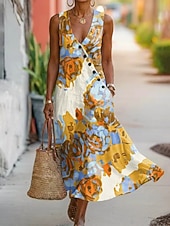 abordables Robes fleuries-Femmes Robe maxi Robe d'Été Robe Décontractée Robe trapèze Élégant Vacances Fluide Plage Fête Coupe régulière Graphique Géométrique Abstrait Sans manches Col en V Noir Jaune Orange Été Printemps