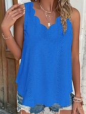 cheap Plain Tank-Women's Texture Blouse Eyelet Top Pointelle Tee Blouse Hollow Out Plain Casual Sleeveless V Neck Regular Tops Casual Daily Beach Blue Black White Yellow Pink Summer Spring