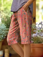 Χαμηλού Κόστους Σορτς βερμούδα-Γυναικεία Σορτς των Βερμούδων Βαμβακερό λινό σορτς Διακοπές Βίντατζ παραθαλάσσιο στιλ της γιαγιάς Μήκος γόνατος Μεσαία Μέση Φλοράλ Γραφική Στάμπα Άνεση Ανελαστικό Καθημερινά ΕΞΩΤΕΡΙΚΟΥ ΧΩΡΟΥ Δρόμος