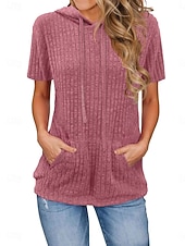 cheap Plain tee-Women's Blouse Pocket Solid Color Vintage Stylish Casual Short Sleeve Hooded Regular Tops Daily Blue Black Pink Red Dark Green Summer Spring