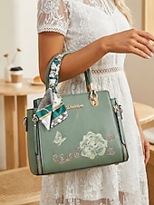 Χαμηλού Κόστους Τσάντακι &amp; Totes-Γυναικεία τσάντα χειρός με κέντημα και λουλούδι, με διακοσμητικό κασκόλ, από συνθετικό δέρμα, σε πολλά χρώματα, κομψό, casual στυλ, ιδανική για καθημερινή χρήση, γραφείο και κοινωνικές συγκεντρώσεις.