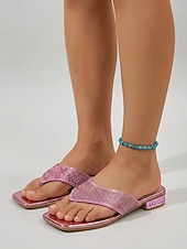 Χαμηλού Κόστους Σανδάλια Slide-Γυναικεία ροζ φλατ σανδάλια με στρας, βραδινές παντόφλες με ανοιχτή μύτη για δείπνο σε θέρετρο, διακοπές &amp;καλοκαιρινές εκδηλώσεις για πάρτι