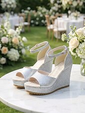 ieftine Sandale cu platformă tip pană-Sandale cu platformă pentru femei, argintii, cu sclipici - pantofi eleganți cu bareta la gleznă, pentru petreceri de grădină