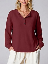 abordables T-shirt uni-Femmes Chemise Tops en tricot gaufre Couleur Unie Élégant Classique Occasionnel manche longue Henley Hauts Réguliers Quotidien Sports Week-end Noir Blanche Jaune Rouge Orange Été Printemps Automne
