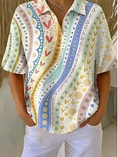  Жен. Вафельная рубашка Повседневная рубашка Летние вершины Графика Геометрический принт Винтаж Стиль С короткими рукавами Обычные топы Повседневные на открытом воздухе Офис Белый и синий Цвет радуги