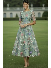 billige Ankellengde-A-linje Kjoler Te-lengde Cocktail Kjole Gjestekjole til bryllup Kjole til brudens mor Halvlange ermer Crew-hals Elegant Fritid Formell Bryllupsgjest Kentucky Derby Chiffon Tyll med Blomstertrykk