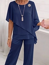  Dames Tweedelige sets Chiffon Korte mouw Vlinder Vierkante hals Effen Kleur Effen Meerlaags Elegant Formeel Bruiloft gast Casual / Dagelijks blauw Hemelsblauw Zomer Normale pasvorm