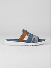 tanie Sandały typu slide-damskie sandały typu slip-on z denimu z akcentami ze sztucznej skóry, rustykalny szykowny styl farmhouse na grille na podwórku, spacery po wsi i codzienne codzienne noszenie